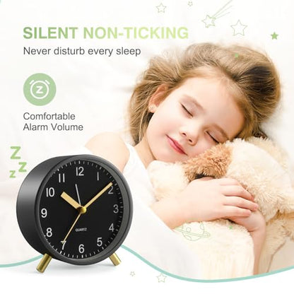 Back to School Silent Analog Quartz Alarm Clock for Kids Bedroom,Night Light, Battery Operated, Fashionable Round Metal - color: Black