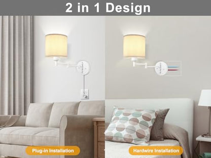 GOODATE Plug in Wall Sconces with Remote Control, Dimming, Adjustable Colors 2700K-6500K, Hardwire or Plug-in, Swing Arm Wall Lamp, Wall Sconces Set of Two, White Fabric Shade, White Finish - color: White & White