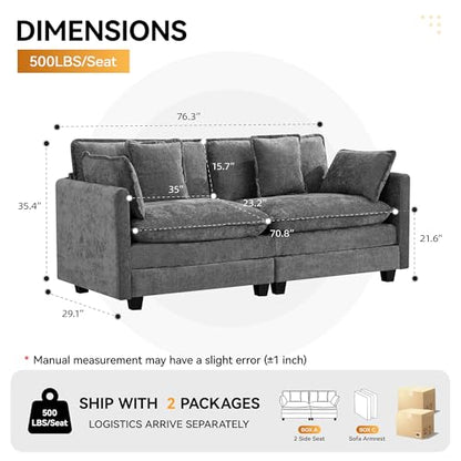 76'' Cloud Deep Seat Loveseat, Upholstered Chenille Modular 2-Seats Sectional Sofa Couch, Modern Comfy Settee Loveseat for Living Room Set, Small Apartment, Grey - color: Grey, size: 76'' Loveseat