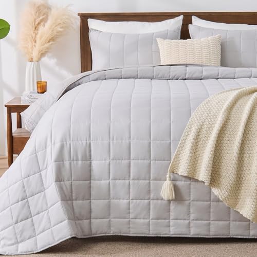 EMME Quilts Twin Size Bedding Sets, Light Grey Bedspread Soft Pre-Washed Quilt Winter Bed Sets, 2 Piece Cozy Reversible Microfiber Bed Coverlet with Pillow Sham (Square Pattern,66"x90") - color: 04-light Grey (Squares Pattern), size: Twin/Twin XL(66" x 90