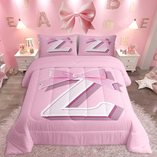 jejeloiu Pink Bow Bedding Set, Personalized Teen Girl Gifts,Toddler Size, Decor Initial Letter Z Bedding Set, Monogrammed Ultra Soft Comforter Fashion,Duvet Set Room Decor Kawaii Quilt Set - color: Pink Z, size: Toddler
