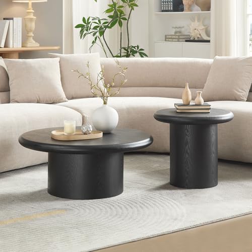 Round Nesting Coffee Table Set of 2, Modern 2-Piece Circle Wooden Center Table with Base, Accent Tea Table for Living Room Apartment, Easy Assembly, 31.5" & 20.87" (Black) - color: 31.5" & 20.87",black
