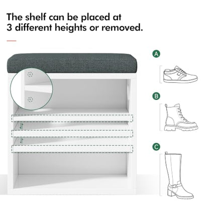 2 Tier Small Shoe Storage Bench White US-FHXD01W | hold up to 4 pairs of shoes, with Adjustable Middle Shelf, Padded Seat Cushion,cut-out handle - color: White