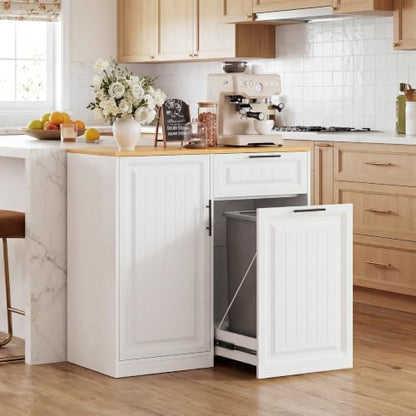 ZIFTY Pull Out Trash Can Cabinet with Storage, 13 Gallon Trash Can, White | Pet Proof, Freestanding Kitchen Cabinet, Drawer & Adjustable Shelf, Garbage Recycling, Modern Farmhouse Waste Bin Furniture - color: White, size: 34.3"W X 16.3"D X 33.5"H