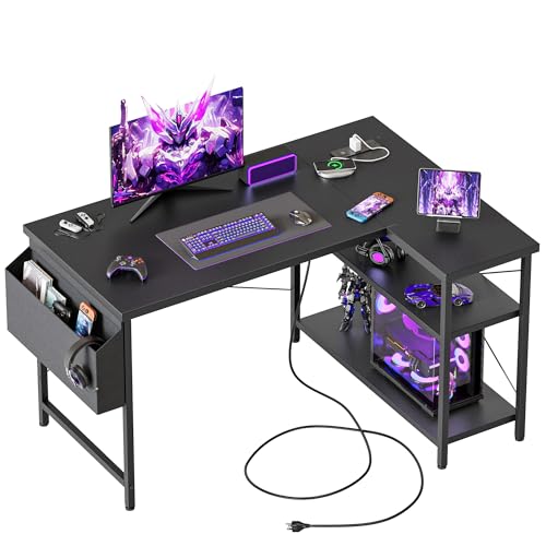 39 inch Corner Desk with Shelves, Small L Shaped Gaming Desk | Reversible Computer Desk with Power Outlets & Storage Bag, Office Table for Home Bedroom Study Work Writing - color: Black, size: 39.4 inch