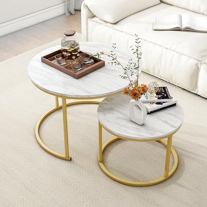 HOJINLINERO Round Coffee Table,Nesting Coffee Table Set of 2,Golden,Large | Center Table for Living Room,Bedroom,Office,Home Small Space,Stacking Side Tables,Sturdy and Easy Assembly,Wood Desktop - color: Gold/Yellow, size: Large