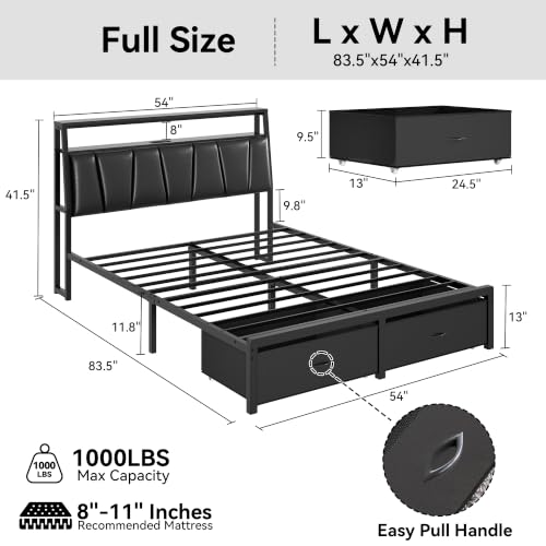 FreeHouse Full Size Bed Frame with Storage Headboard & 2 Drawers, Black | Upholstered Full bed frame with Charging Station & LED Light, Fabric Drawers,Metal Slats, No Box Spring Needed, Noise-Free - color: Black, size: Full