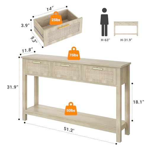 ELYKEN 51.2" Rattan Console Tables with 3 Storage Drawers for Entry Way | 3 Drawers & Shelf, Entryway Table with Storage, Hallway Table Narrow Long Boho Sofa Table Behind Couch Entrance Entry - color: Natural Wood