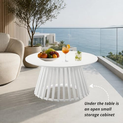 HNY White Round Coffee Table, Wood 31.5" Center Table for Living Room | Modern Mid Century Circle Coffee Table with Fluted Base for Outdoor Patio, Home Small Space, Bedroom, Apartment, Studio - color: White