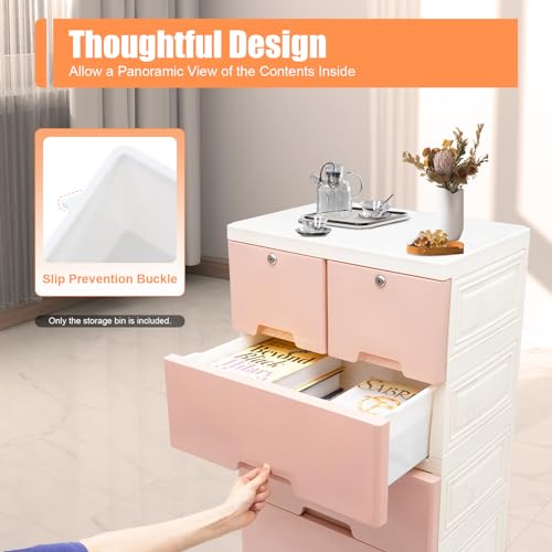 Modern 5 Tier Storage Tower with 6 Drawer and 5 Wheels, Storage Organizer Rack, Movable Storage Tall Small Closet for Rooms, Sofa, Cabinet (White, Pink) - color: White, Pink
