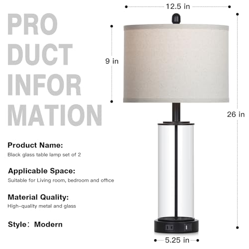26" Black Glass Table Lamps Set of 2, 3-Way Dimmable Touch Control Living Room Lamp with USB C+A Ports & AC Outlet, Modern Bedside Lamps, Elegant Bedroom Lamps for Nightstand Side End Table Desk - color: Black1
