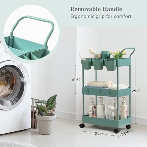 Storage Cart on Wheels, 3 Tier Bathroom Cart Organizer Slim Laundry Narrow Shelf with Wheels Dividers Hanging Cups Hooks Handle Easy Assembly, Green - style: 3 Tier Green
