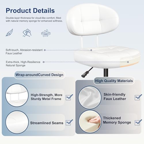 Misolant Vanity Chair with Back, Small Armless Cute office Chair with wheels and Lumbar support, Comfy PU Leather Desk Computer Chairs with Adjustable Height, 360°Swivel for Home Bedroom Office, White - color: White