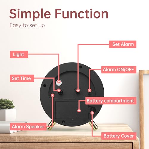 JALL Analog Alarm Clock, 4 inch Super Silent Non Ticking Small Clock with Night Light, Battery Operated, Simple Design, Easy Setting for Office, Bedroom, Bedside, Desk, Teens, Elders, Adult, Red - color: Red+gold