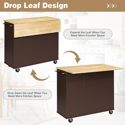 Shintenchi Kitchen Island with Folding Drop Leaf, Rolling Island Table with Storage, Kitchen Cabinet on Wheels with Seating Area for Kitchen, Bar Cart with Cabinet, Brown - color: Brown