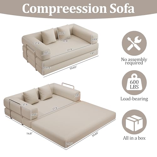 59.0 Inch Convertible Sofa Bed, 4-in-1Futon Sofas Bed Pull Out Sleeper Couch, Modern Deep Seat Sofa for Living Room, Corduroy Boneless Couches for Bedroom, Apartment, No Assembly Beige, 2 Seat - color: Beige, size: 59” 2 Seat