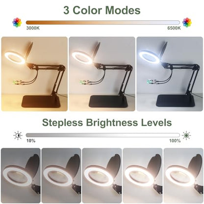 Magnifying Glass with Light, EOOKU 3-in-1 Magnifying Desk Lamp 5X LED Magnifying Lamp with Heavy Base & Clamp, 5 Color Modes Stepless Dimmable, Magnifier Light for Soldering Craft Workbench