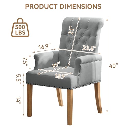Dining Chair with Arms, Upholstered High Back Dining Room Chairs, Grey | Set of 2, Linen Fabric Dining Chairs, Tufted Armchair with Solid Wood Leg, Nailhead Trim, Comfortable Parson Kitchen Chairs - color: Light Grey, size: 2 PCS