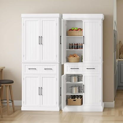 Yaheetech 72.5" H Freestanding 4-Door Kitchen Storage Cabinet,White | Stand up pantry with adjustable shelves and wide drawer in an engineered wood body for kitchen/Living Room