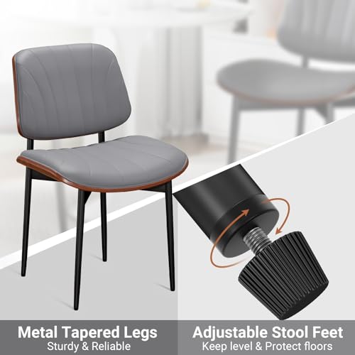 Dining Chairs Set of 2, Mid-Century Modern Upholstered PU Leather Chairs | with Walnut Back and Metal Legs Adjustable Feet for Kitchen Dining Room, Dark Gray Shell Strips - color: Dark Gray Shell Strips