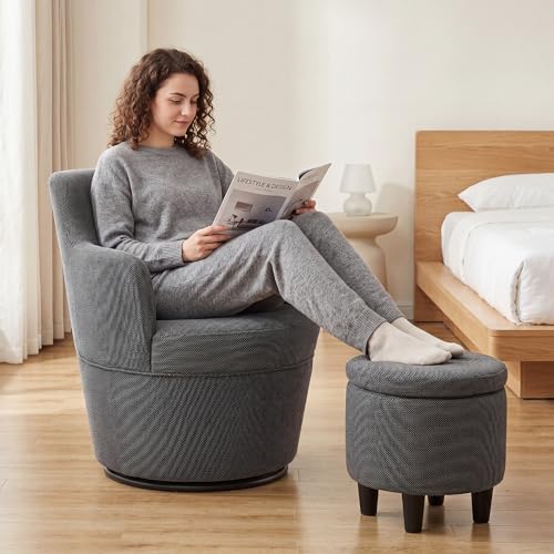 LOULENS Swivel Accent Chair with Storage Ottoman, Dark Gray | Linen, Small, Barrel, Reading Chair, Vanity Chair, Comfy Single Sofa, Armchair, For Living Room, Bedroom - color: Dark Gray
