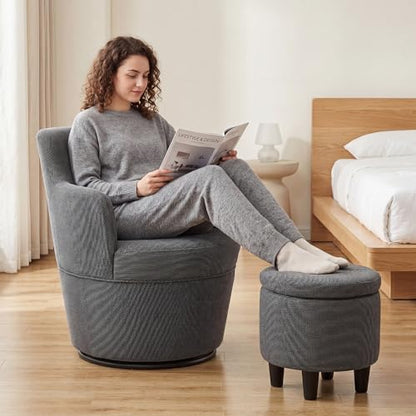 LOULENS Swivel Accent Chair with Storage Ottoman, Dark Gray | Linen, Small, Barrel, Reading Chair, Vanity Chair, Comfy Single Sofa, Armchair, For Living Room, Bedroom - color: Dark Gray