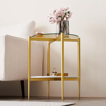 LumFurn D18in Round Glass End Table, Mid-Century Modern Side Table for Living Room, D18xH23inch, Clear Glass and White Marble MDF Wood, Gold Finish Frame - color: D18" Clear & White Marble