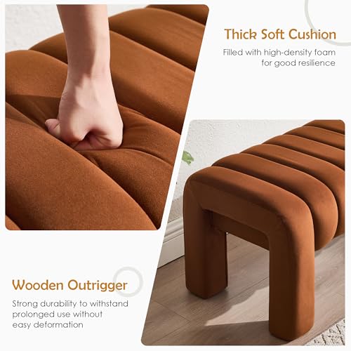 63" Bedroom Bench, Upholstered Entryway Bench, Modern End of Bed Ottoman with Solid Wood Legs and Adjustable Foot Pegs for Entryway, Dining Room and Living Room (Brown Velvet) - color: Brown Velvet, size: 63"