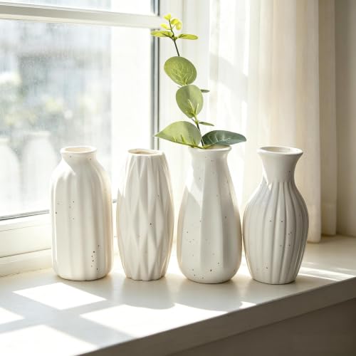 Set of 4 Small White Ceramic Vases Table Flower Vase Modern Decorative Vases for Pampas Grass, Small Vase for Home Living Room Dining Table Farmhouse Office Decor-4.9inch High