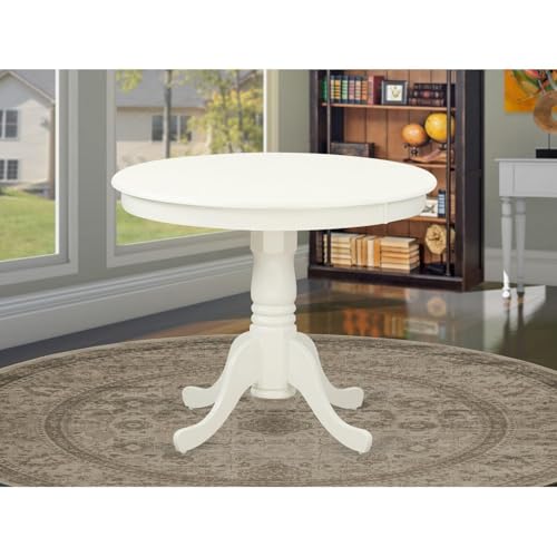 BOWERY HILL Round Wood Dining Table, 36" Diameter, Linen White Finish, Solid Rubber Wood Construction, Pedestal Base, Traditional Style for Kitchen or Dining Room - color: Linen White