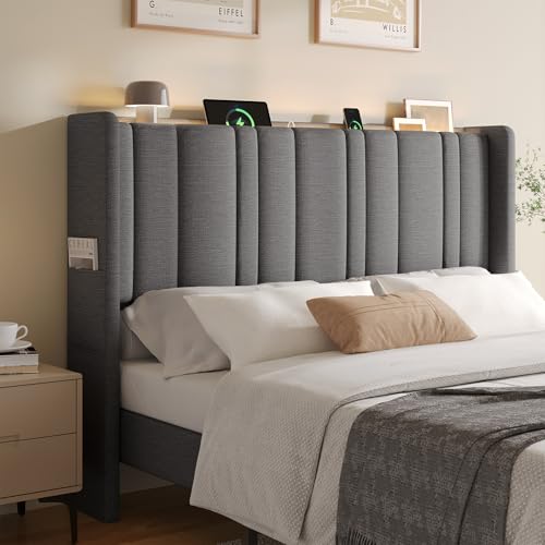 Queen Size Headboard with Storage, LED Light, Grey | Linen Vertical Wingback Headboard w/ Charging Station, Upholstered Head Board w/ High-Density Foam Padding, 2 Storage Pockets - color: Gray, size: Queen