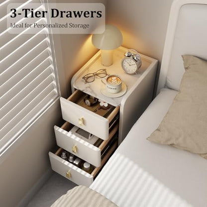 AQIMUELE Narrow Nightstand with Drawers, Narrow Side Table Leather, Small Bedside Tables for Bedroom. (White) - color: White, size: 11.8''W x 15"D x 22.8"H