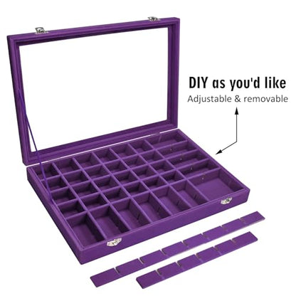 Siveit Velvet Jewelry Tray 48 Grid Jewelry Display Tray Organizer Box with Transparent Lid Rings Earrings Necklaces Pendants Display Box Suitable for Women and Girls (Purple) - color: Purple