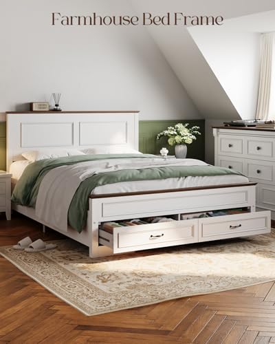 Yoobure Farmhouse Queen Bed Frame - Platform Bed Frame Queen Size with Headboard, Wood Beds with Storage Drawers, Wooden Bedframe with 18" Tall Footboard, No Noise, No Box Spring Needed, White - size: Queen (U.S. Standard)