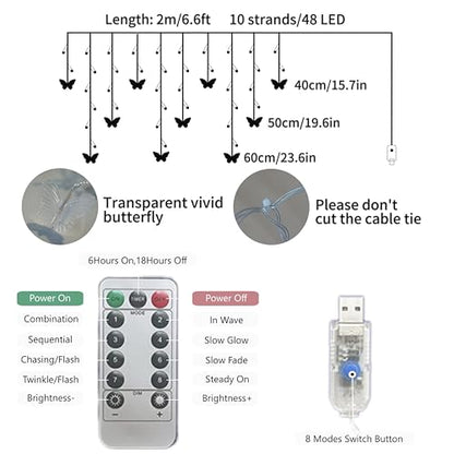 Butterfly Curtain Lights, 6.6ft 48 LED 10 Butterflies with Timer Warm White | USB Remote, 8 Modes, Window Fairy Lights, For Bedroom Wedding Party Holiday Decor