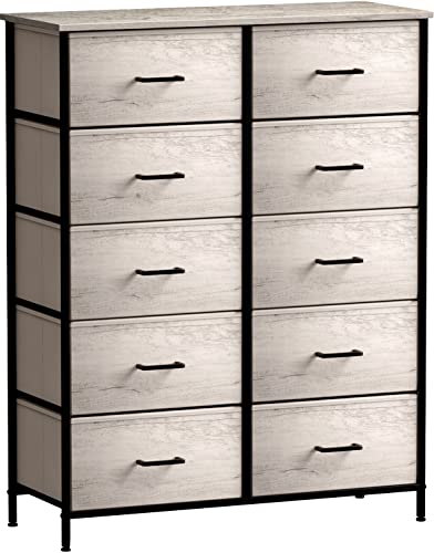 Sorbus Dresser with 10 Faux Wood Drawers - Chest Organizer Unit with Steel Frame Wood Top & Handle Easy Pull Fabric Bins for Clothes - Storage Furniture for Bedroom, Hallway, Living Room & Closet - color: Greige, size: 12"D x 34"W x 47"H (10 Drawers)