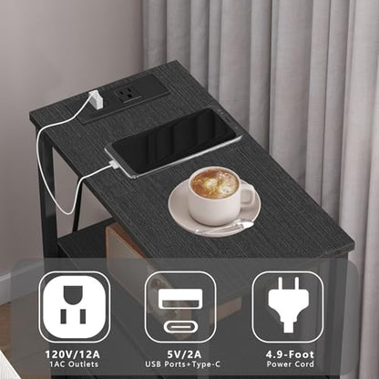 TUTOTAK Narrow End Table with Charging Station, Skinny Side Table | Bedside Table with Outlets, Nightstand with 2 Cloth Drawers, Couch Table for Living Room, Bedroom, Black TB01BK055 - color: Black, style: 2 Drawers & Plug