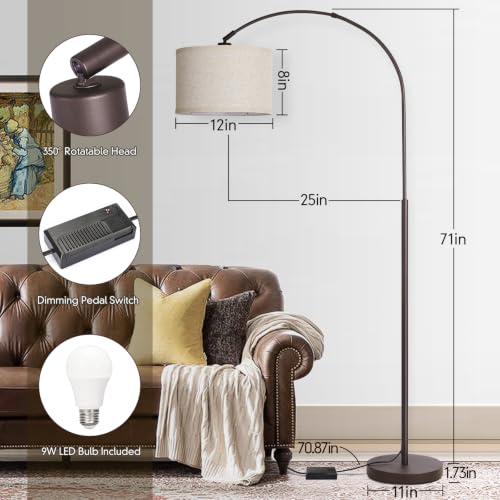 Dimmable Floor Lamp, Arc Floor Lamps with Adjustable Hanging Shade，Brown | Farmhouse Standing Lamp, Tall Pole Reading Light, Mid Century Lamp for Living Room, Bedroom, Over Couch, 9W LED Bulb Included - color: Brown