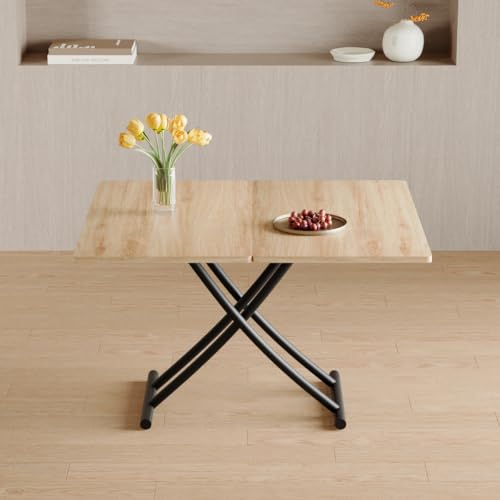 Liftable Folding Dining Table for 4, Adjustable Drop Leaf Table, Folding Coffee Table for Small Spaces, Scratch-Resistant Wood Top with Metal Frame for Apartment Kitchen Living Room - color: Oak-black