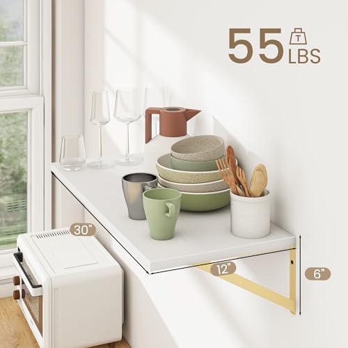 Dreamland Wall Mounted Floating Shelves Set of 2, 30x12, White&Gold | Engineered Wood, Visible Bracket, Large Storage, Hold Up to 55lbs, Living Room, Bathroom, Bedroom, Kitchen - color: White&gold, size: 30"W x 12"D