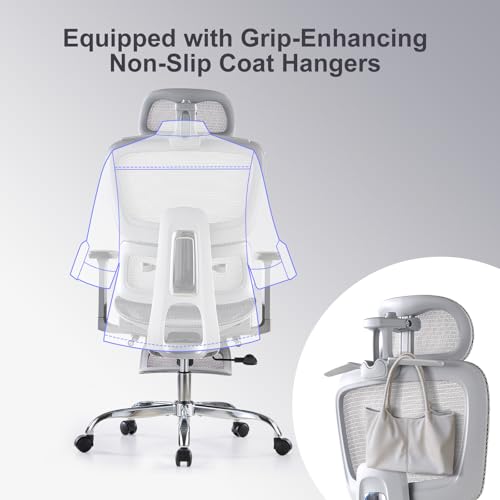Office Chair with Footrest, Ergonomic Chair with 3D Headrest, Computer Chair with Adjustable Backrest & 3D Armrest, Gaming Chair with Adaptive Lumbar Support, Mesh Backrest & Cushion, Grey - color: Grey, style: Lite