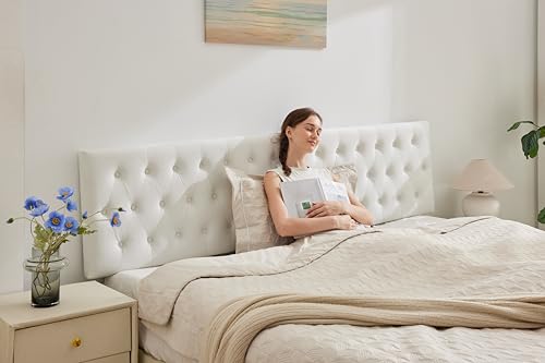 Tufted Upholstered Queen Size Bed Headboard in Modern Button Design, Adjustable Solid Wood Head Board, Premium Velvet Fabric Padded Headboards in Bedroom (White) - color: White, size: Queen