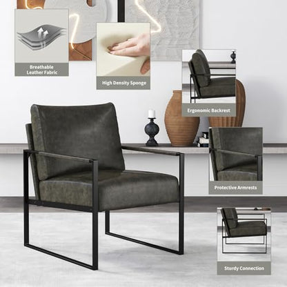 Mid Century Modern Accent Chair, PU Leather Armchair with Metal Frame,Comfy Single Reading Chair with Soft Padded Backrest and Cushion for Living Room, Bedroom,Reading Room,Office,Dark Grey - color: Dark Grey