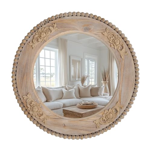 sawsile Round Wood Mirror,24 inch Circle Rustic Farmhouse Natural Wooden Frame Boho Beads Wall Mirror for Bathroom,Living Room,Bedroom or Entryway - color: Brown, size: 24"L x 24"W