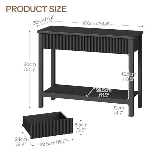 HOOBRO 39.4" Console Table with 2 Wavy Drawers, Narrow Long Entryway Table with Storage Shelf, 2 Tier Modern Sofa Table Wooden Behind Couch Table, Hallway Table for Living Room, Black BK89XG01N1