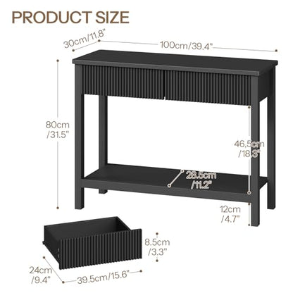 HOOBRO 39.4" Console Table with 2 Wavy Drawers, Narrow Long Entryway Table with Storage Shelf, 2 Tier Modern Sofa Table Wooden Behind Couch Table, Hallway Table for Living Room, Black BK89XG01N1