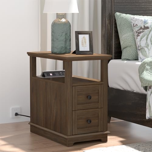 HIFYOBRO Narrow End Table with Flip Top Charging Station Set of 2 | Side Table with 2 Drawers, Type-C & USB Port & Power outlets, Wooden Storage Cabinet for Living Room and Bedroom - color: Dark Walnut, size: 1 Set