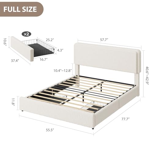 GarveeHome Bed Frame with 2 Storage Drawer, Cream Beige, Full | Teddy Fleece Thick Upholstered Platform Bed Frame with Adjustable Headboard, No Box Spring Needed - size: Full