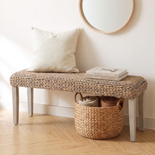 Solid Wood Acacia Indoor Bench, Natural Woven Water Hyacinth Seat, Grey Leg | Fishbone Style for Living Room or Entryway, Farmhouse Boho Coastal Bench - color: Fishbone - Grey Leg & Water Hyacinth
