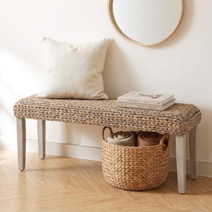 Solid Wood Acacia Indoor Bench, Natural Woven Water Hyacinth Seat, Grey Leg | Fishbone Style for Living Room or Entryway, Farmhouse Boho Coastal Bench - color: Fishbone - Grey Leg & Water Hyacinth